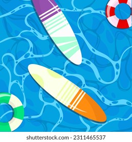 Water. Pool. Water entertainment. Background of spots on the surface of the sea or ocean with a surfboard and a lifebuoy.
