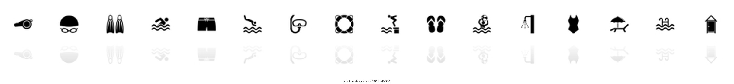 Water Pool icons - Black horizontal Illustration symbol on White Background with a mirror Shadow reflection. Flat Vector Icon.