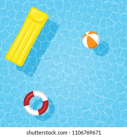 Water in the pool with an inflatable circle, mattress and ball. Place for text. Vector illustration.