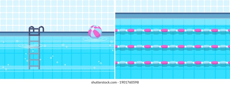 Water Pool Interior. Swimming Pools, Sporting Swim Lanes For Kids And Adults. Recreation Or Sport Zones Vector Background