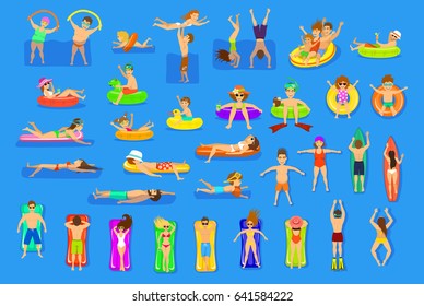Water pool sea fun activities vector illustration set on blue background. People, family, couple, children, men women relaxing, swimming floating on inflatable matrass and ring. top and side view