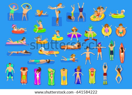 Water pool sea fun activities vector illustration set on blue background. People, family, couple, children, men women relaxing, swimming floating on inflatable matrass and ring. top and side view
