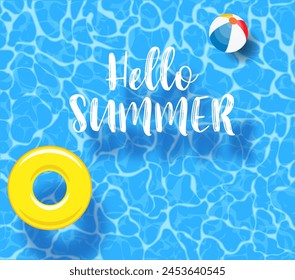 Water pool summer background with yellow pool float ring. Colorful vector poster template for summer holiday. Hello summer web banner. Vector illustration in flat style