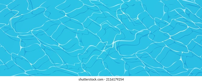 Water pool texture. Blue Water surface background with sun reflection top view. Blue ripples. Turquoise water in swimming pool with sun glare. Marine surface water background . Vector illustration.