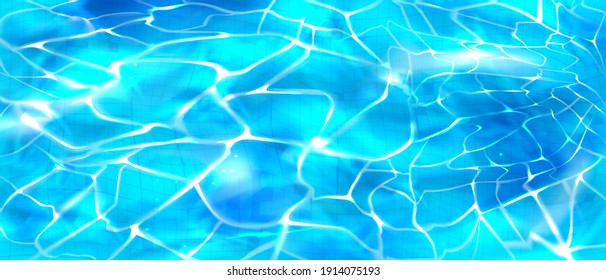 El fondo de la piscina de agua con olas en la superficie del agua y suelo de baldosa. Océano, mar, cuenca de natación textura líquida transparente con rayas solares patrón luminoso, Ilustración vectorial 3d realista