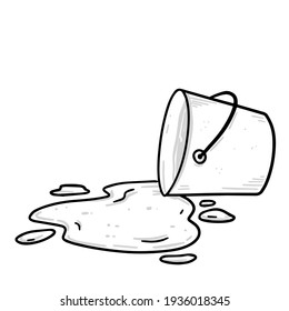 Water is poured out of bucket. Inverted pail with liquid and splashes with drops. Sketch cartoon illustration