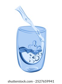 Water pouring in glass with waves and splashes in flat hand drawn style. Splashes of water or paint. Vector illustration isolated on white background