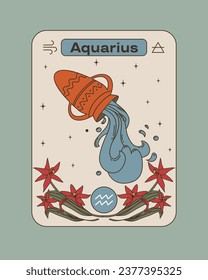 Water is pouring from a jug. Aquarius is a zodiac sign. Red flowers. Air sign of the horoscope. Poster in vintage style. Flat vector illustration