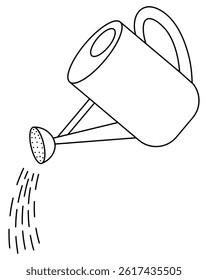 Water pours from a garden watering can. Sketch. Container with water for drip irrigation of plants. Vector illustration. Outline on an isolated white background. Doodle style. Coloring book for kids. 