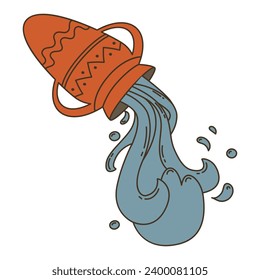 El agua sale de una ánfora. Antigua jarra con agua. Ilustración vectorial plana.