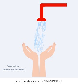 Wasser strömt aus dem Wasserhahn und zwei Hände - einzeln auf weißem Hintergrund - Vektorillustration.Prävention von Koronavirus. Grippepandemie Waschen Sie sich die Hände