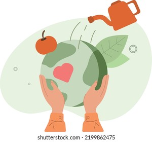 Water pours from a watering can onto a blooming planet. The concept of ecology and the environment.vector illustration.