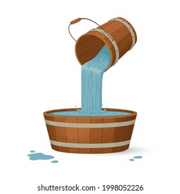 Water pours from a wooden bucket into a basin with a splash.Cartoon style illustration. Vector.