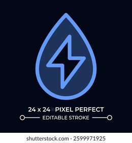 Water power dark color ui icon. Lightning inside clear drop. Hydropower technology benefits. Clean energy. Vector colorful symbol isolated on black. User interface element, pixel perfect
