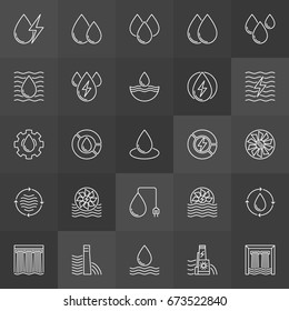 Water power icons - vector collection of hydro energy outline minimal signs on dark background