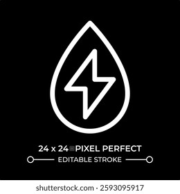 Water power line ui icon isolated on black. Lightning inside clear drop. Hydropower technology benefits. Clean energy. Vector outline symbol. User interface element dark mode, pixel perfect
