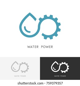 Water Power Logo - Drop Of Water, Gear Wheel Or Pinion And Infinity Symbol. Alternative Energy Source, Industry And Ecology Vector Icon.