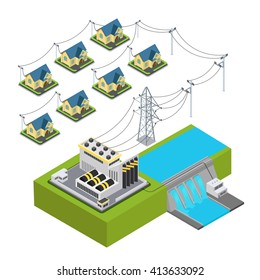 Water Power Plant Energy Hydro Station Green Village Supply Cycle Infographic Concept. Flat 3d Isometry Isometric Style Web Site Vector Illustration. Ecology Eco Lifestyle Sustainable World Collection