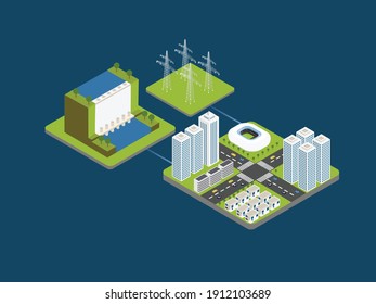 Water power plant isometric 3d vector concept for banner, website, illustration, landing page, flyer, etc.