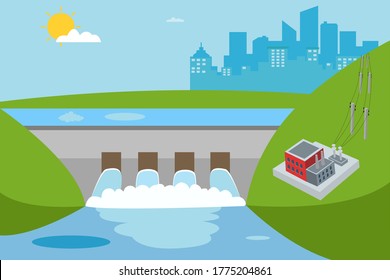 Water power plant vector concept: Overflowing dam creating reservoirs and generating electricity to the city
