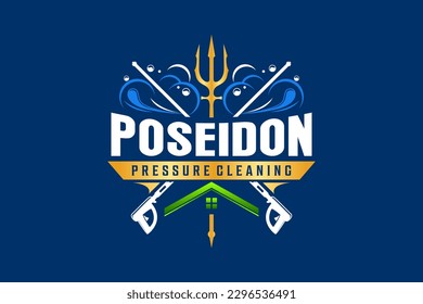 Water presure jet cleaner logo design poseidon trident illustration