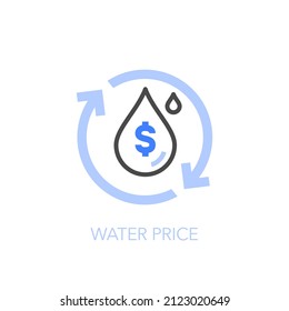 Símbolo del precio del agua con gota de agua y flechas de proceso. Fácil de usar para su sitio web o presentación.