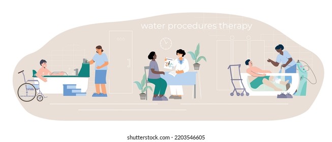 Water procedures therapy flat composition with isolated views of doctors appointment and physicians assisting rehabilitating patients vector illustration