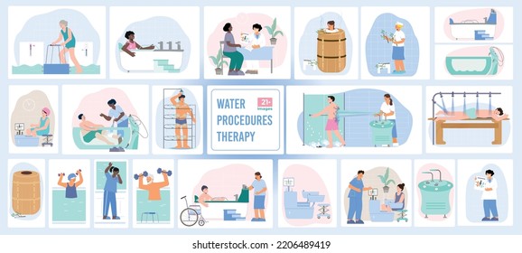 Water procedures therapy set with flat compositions of rehabilitation appliances with patients assisted by medical specialists vector illustration