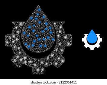 Water production icon and constellation mesh net water production model with bright light spots. Illuminated model created using water production vector icon and triangulated mesh.