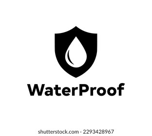 Diseño del logotipo del icono de prueba de agua. Protección de agua, protección a prueba de líquido. Escudo con gota de agua. Material antihumedecimiento, tela hidrofóbica, diseño vectorial de protección de la superficie e ilustración.