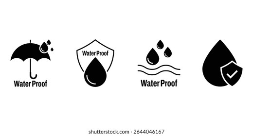 Conjunto de ícones à prova d'água. Símbolo resistente à água. Proteção de água, proteção à prova de líquidos. Escudo com gota de água. Material antimolhante, proteção de superfície. Ilustração vetorial.