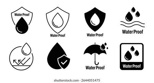 Water proof icon set. Water resistant symbol. Water protection, liquid proof protection. Shield with water drop. Anti wetting material, surface protection. Vector illustration.	
