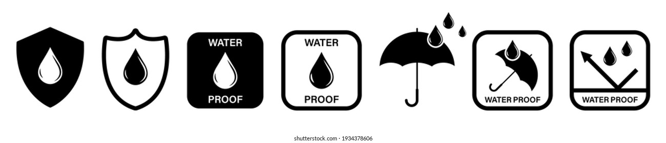 Water Proof icons. Collection of water resistant signs. Vector isolated on white