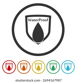 Water Proof shield sign. Set icons in color circle buttons
