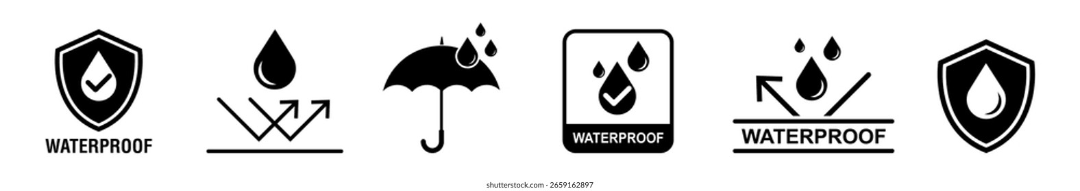 Wasserdichtes Zeichen, Vektorgrafik, Wasserdichtes Zeichen einzeln, Wasserdichte und abstoßende Oberfläche, Schild mit Wassertropfen. Antibenetzungsmaterial, Oberflächenschutz, Schutzzeichen, Packungszeichen.