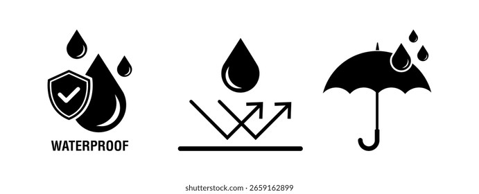 Wasserdichtes Zeichen, Vektorgrafik, Wasserdichtes Zeichen einzeln, Wasserdichte und abstoßende Oberfläche, Schild mit Wassertropfen. Antibenetzungsmaterial, Oberflächenschutz, Schutzzeichen, Packungszeichen.