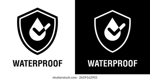 Ilustración vectorial de la muestra de la prueba del agua, muestra impermeable aislada, superficie impermeable y repelente, escudo con la gota de agua. Material anti humectación, protección de la superficie, símbolo de protección, signo del paquete.