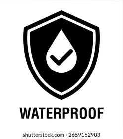 Ilustración vectorial de la muestra de la prueba del agua, muestra impermeable aislada, superficie impermeable y repelente, escudo con la gota de agua. Material anti humectación, protección de la superficie, símbolo de protección, signo del paquete.