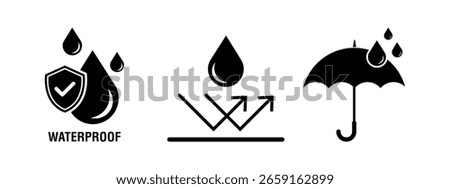Water Proof sign vector illustration, Waterproof Sign isolated, Waterproof and repellent surface, Shield with water drop. Anti wetting material, surface protection, Protection symbol, package sign.