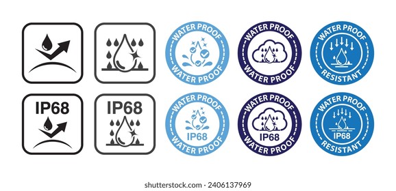 Water proof vector badges. IP68 Waterproof rating, water protective capability. Water and dust protection, water resistance level icon and symbol. Vector.