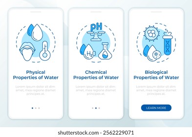 Water properties blue onboarding mobile app screen. Analysis walkthrough 3 steps editable graphic instructions with linear concepts. UI, UX, GUI template