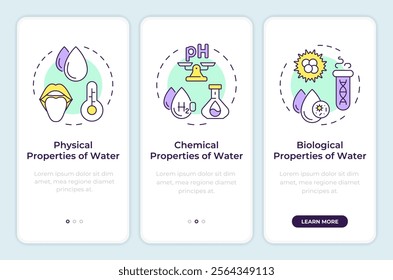 Water properties onboarding mobile app screen. Analysis walkthrough 3 steps editable graphic instructions with linear concepts. UI, UX, GUI template