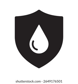 Water protection shield icon with a liquid drop for waterproof material and hydrophobic surface coating technology against moisture vector solid glyph icon
