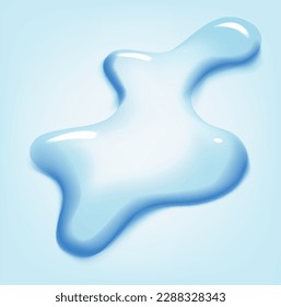 Water puddle drop. Top view liquid splashes, wet environment. Water spill or aqua scattered drop isolated on blue background