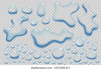 Water puddle drops set. Top view liquid splashes set, wet environment. Water spill or aqua scattered drops isolated on transparent background