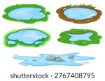 Water puddle in grass set vector isolated. Illustration of a small pond or swamp. Outdoor environment scene. Stone in the water. Grass around the puddle.