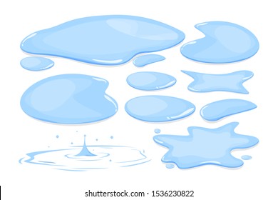 Water puddle set vector isolated. Blue autumn natural liquid on the ground. Clean water.