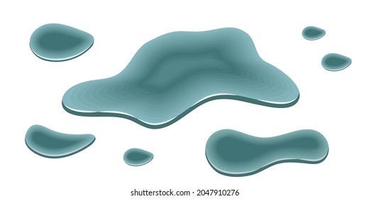 Water puddle, spill drip, liquid water drops isolated. Flowing splash, smooth amorphous blob, teal colo shapes. Flat cartoon design on white background. Vector illustration