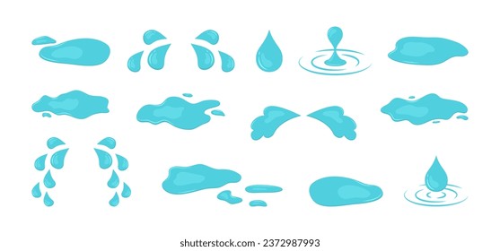 Water puddle, spill rain drop, blue splash liquid. Cartoon paint, oil drip. Cry tear and sweat blob isolated on white background. Abstract vector illustration