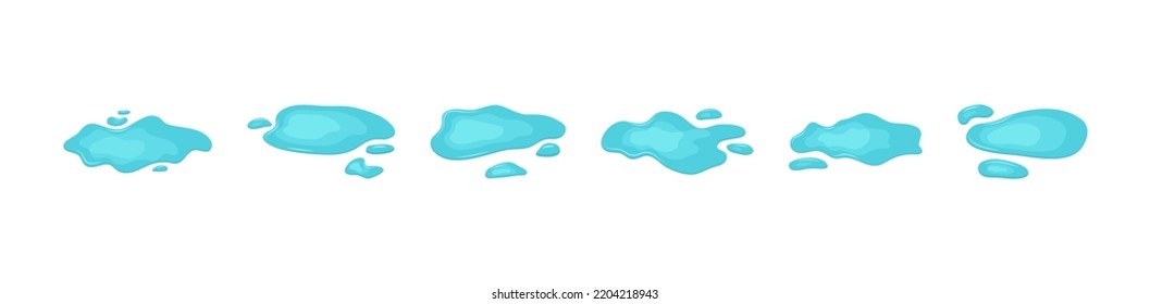 Water puddle vector icon, spill and drop rain, blue liquid, cartoon splash, wet floor, drip set, simple stain, oil blob isolated on white background. Melt illustration